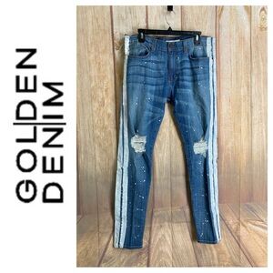 💵Golden Denim Skinny Distressed with White Stripes Size 34x33”